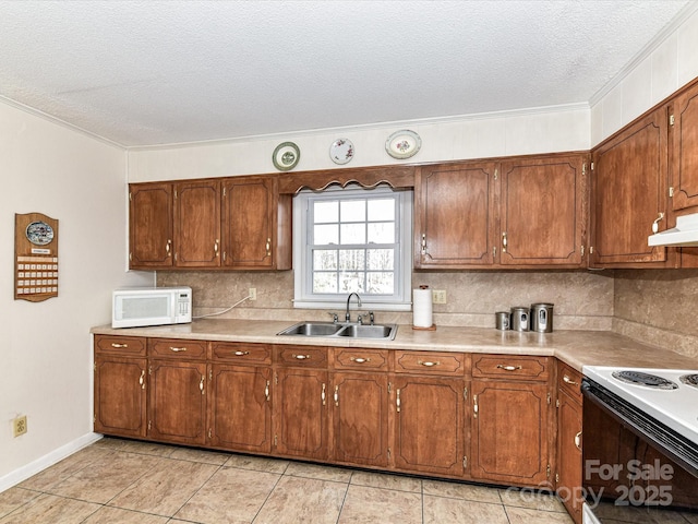 kitchen featuring white appliances, a sink, under cabinet range hood, and decorative backsplash