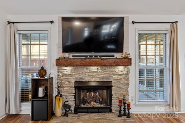 interior details featuring hardwood / wood-style flooring and a fireplace