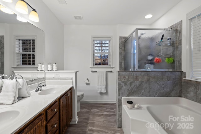 full bathroom with vanity, toilet, and independent shower and bath