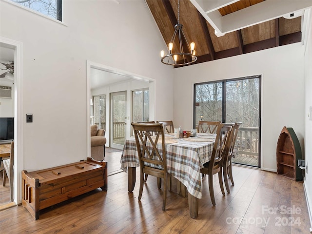 dining area with ceiling fan with notable chandelier, beam ceiling, wood ceiling, and high vaulted ceiling