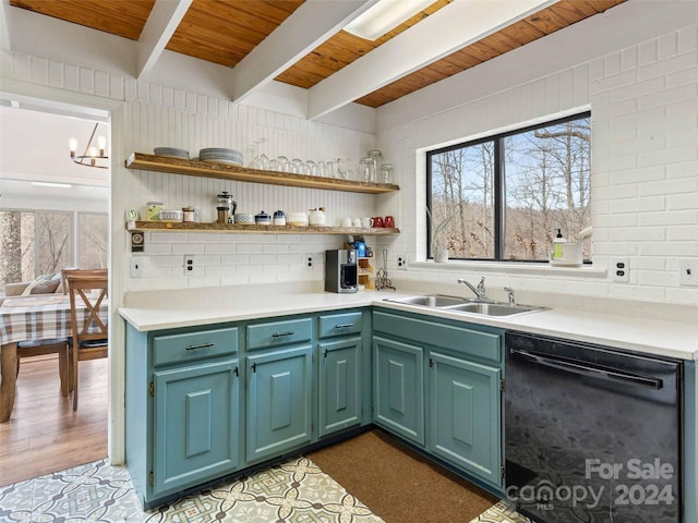 kitchen featuring sink, beamed ceiling, a healthy amount of sunlight, and black dishwasher