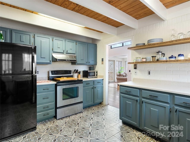 kitchen featuring wooden ceiling, stainless steel appliances, tasteful backsplash, beamed ceiling, and blue cabinets