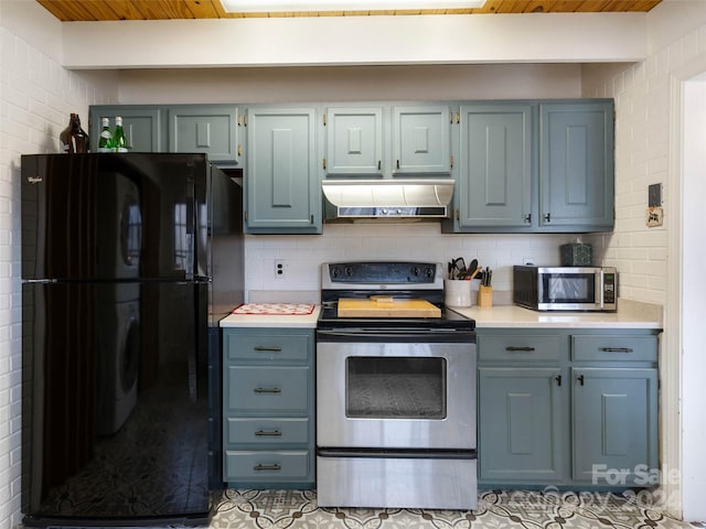 kitchen featuring decorative backsplash, appliances with stainless steel finishes, wood ceiling, ventilation hood, and light tile patterned flooring