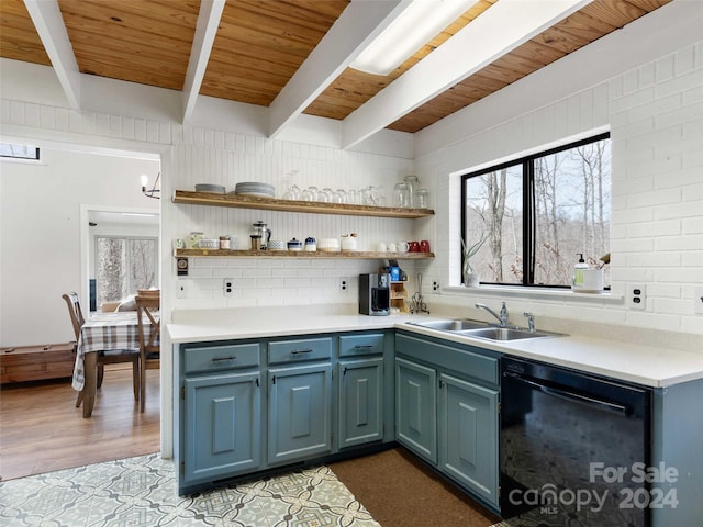 kitchen with beam ceiling, sink, wood ceiling, and black dishwasher