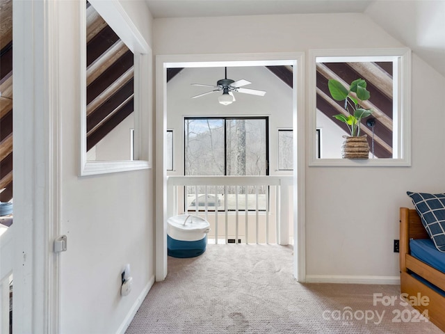 interior space with ceiling fan, carpet, and lofted ceiling