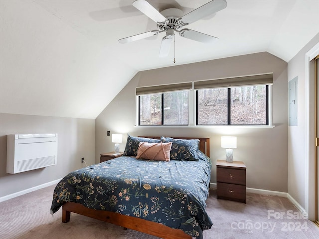 carpeted bedroom with ceiling fan, electric panel, and vaulted ceiling