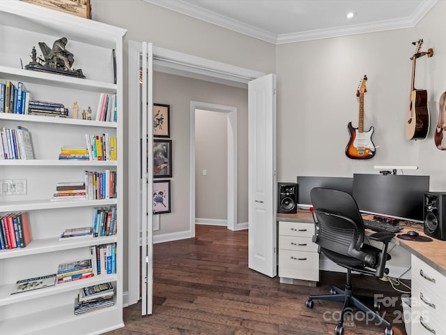 home office featuring crown molding and dark hardwood / wood-style flooring