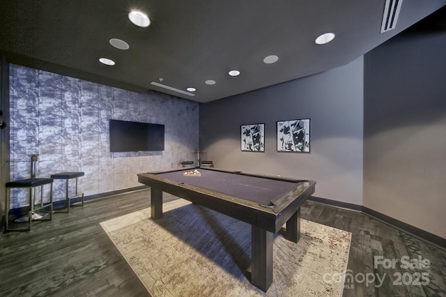 playroom featuring dark hardwood / wood-style flooring and billiards