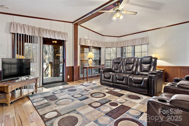 living room featuring a healthy amount of sunlight, lofted ceiling, and a textured ceiling