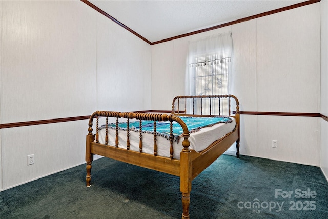 bedroom with carpet flooring and ornamental molding