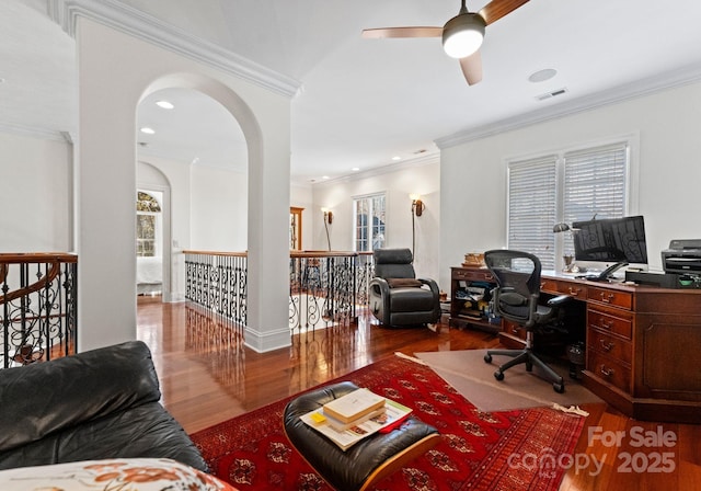 office with hardwood / wood-style flooring, ornamental molding, and ceiling fan