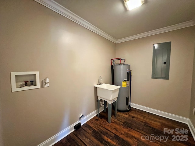 washroom with electric water heater, electric panel, crown molding, hookup for a washing machine, and dark hardwood / wood-style floors