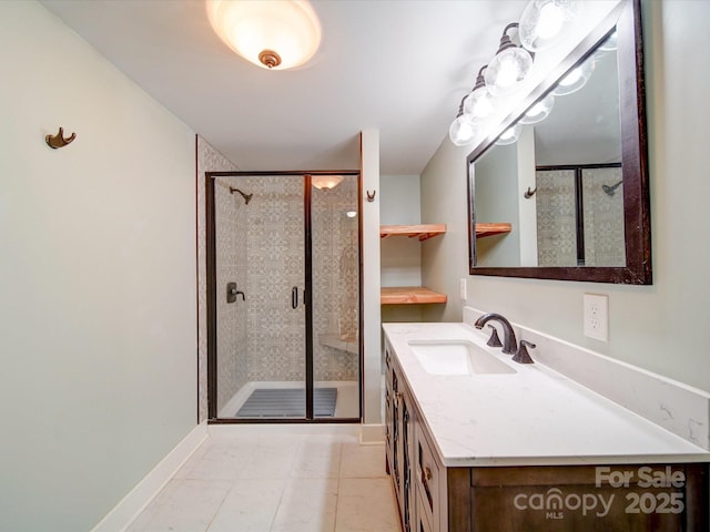 bathroom with tile patterned floors, vanity, and an enclosed shower