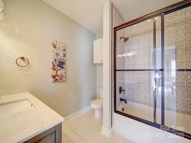 full bathroom with shower / bath combination with glass door, tile patterned floors, vanity, and toilet