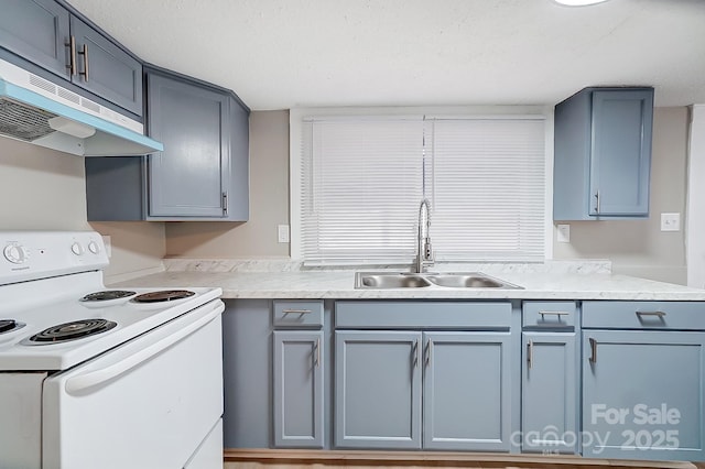 kitchen featuring a textured ceiling, electric stove, sink, and range hood