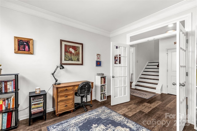 office area featuring french doors, ornamental molding, and dark wood-type flooring