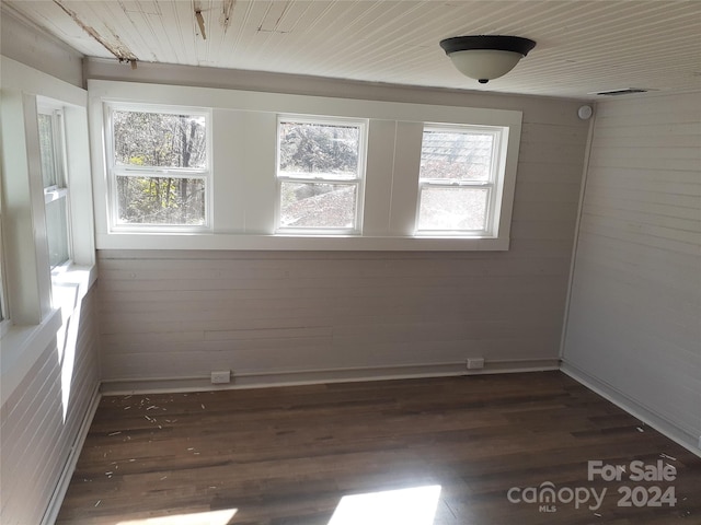 empty room featuring wooden ceiling, dark wood-type flooring, and wood walls