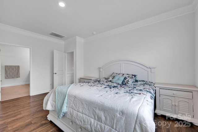 bedroom with dark hardwood / wood-style flooring and ornamental molding