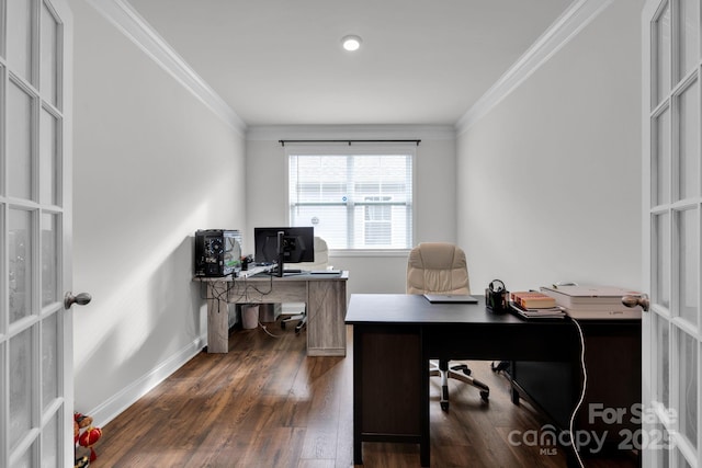 office area with dark hardwood / wood-style floors, crown molding, and french doors