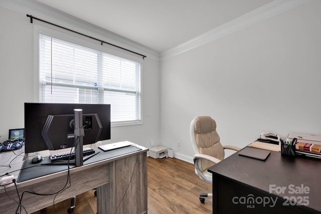 office space with wood-type flooring and ornamental molding