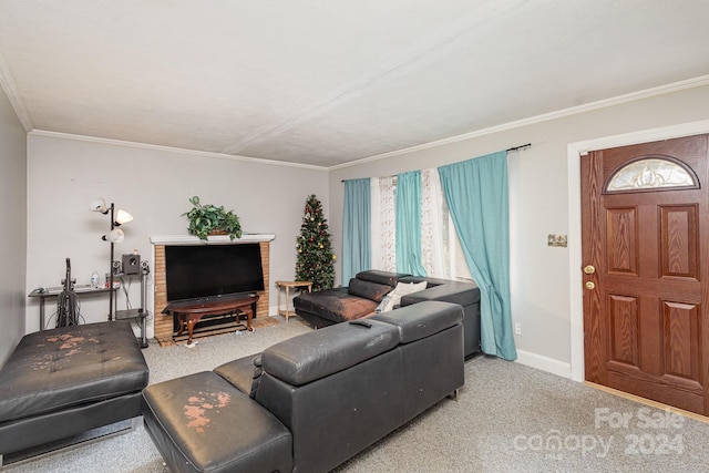 carpeted living room featuring crown molding