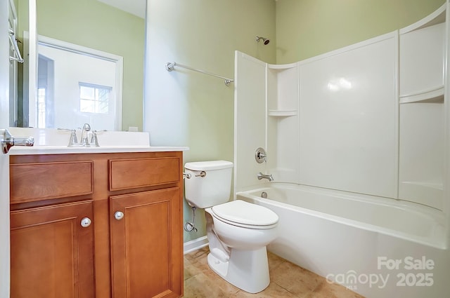 full bathroom featuring vanity,  shower combination, toilet, and tile patterned flooring