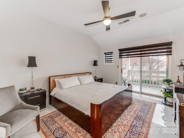 tiled bedroom with access to outside, ceiling fan, and lofted ceiling