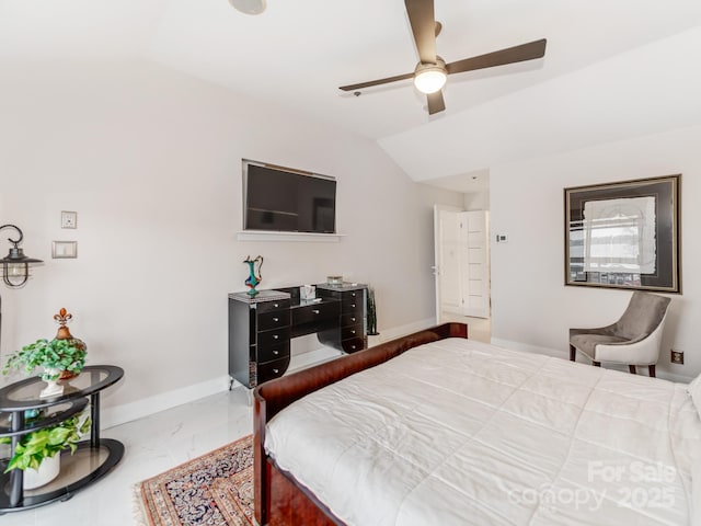 bedroom with ceiling fan and vaulted ceiling