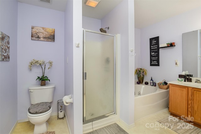 full bathroom with tile patterned flooring, vanity, toilet, and independent shower and bath