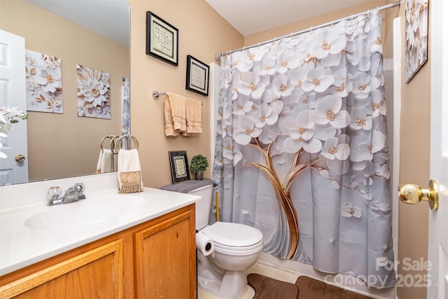 bathroom with wood-type flooring, vanity, toilet, and a shower with curtain