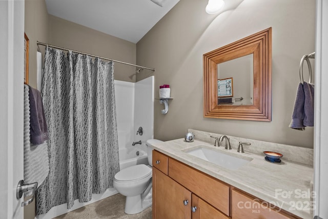 full bathroom featuring toilet, vanity, and shower / bath combination with curtain