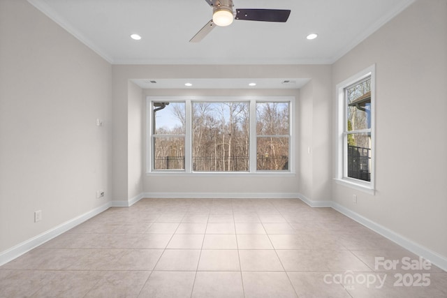 unfurnished room with light tile patterned floors, ceiling fan, recessed lighting, baseboards, and crown molding