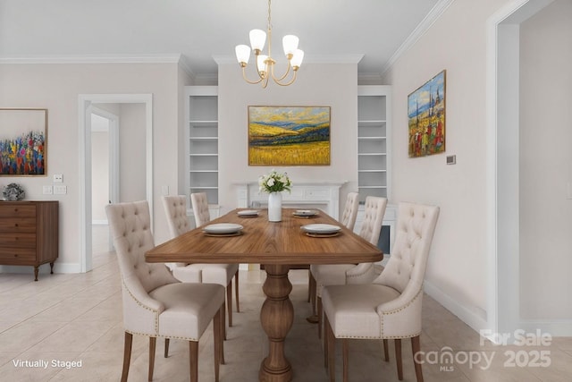 dining area featuring baseboards, ornamental molding, light tile patterned flooring, and built in features