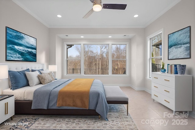 bedroom with light tile patterned floors, baseboards, ornamental molding, and recessed lighting