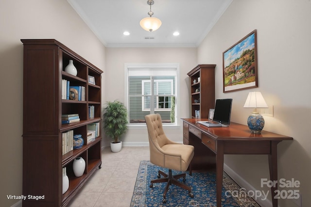 office featuring light tile patterned floors, baseboards, crown molding, and recessed lighting