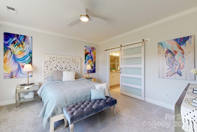 carpeted bedroom featuring ensuite bath, ceiling fan, and ornamental molding