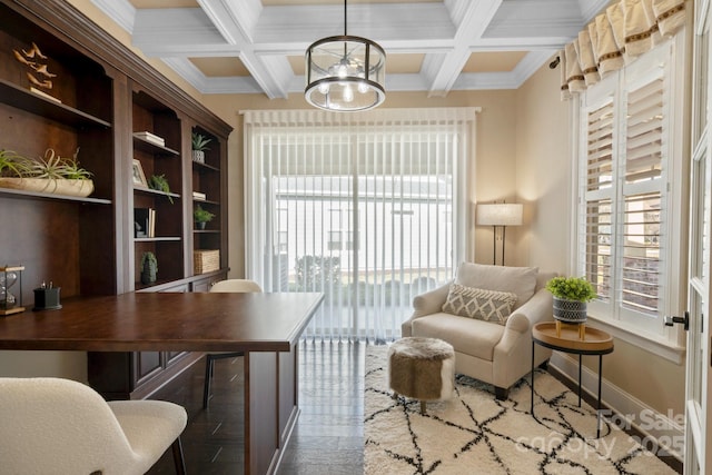 home office featuring beam ceiling, crown molding, and a healthy amount of sunlight