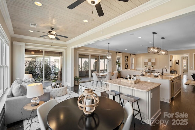 dining space featuring ornamental molding, sink, and wooden ceiling