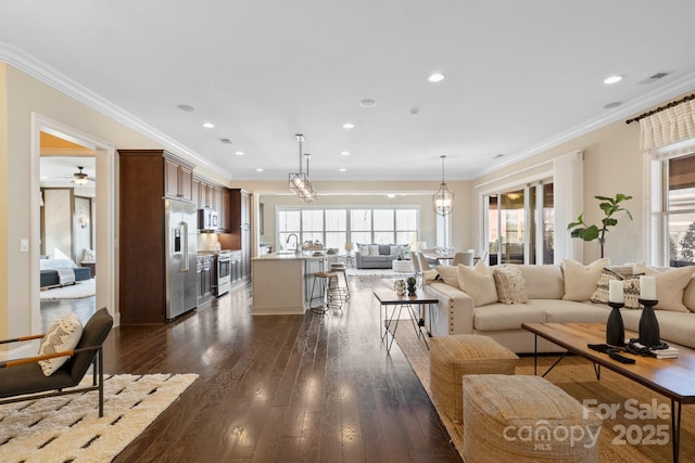 living room featuring ornamental molding, an inviting chandelier, and dark hardwood / wood-style flooring