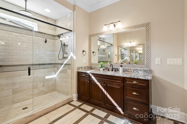 bathroom with a shower with shower door, decorative backsplash, vanity, ornamental molding, and tile patterned floors