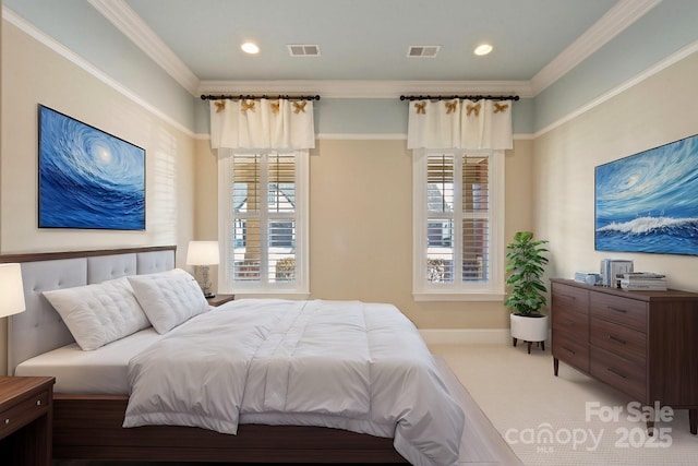 carpeted bedroom with multiple windows and ornamental molding