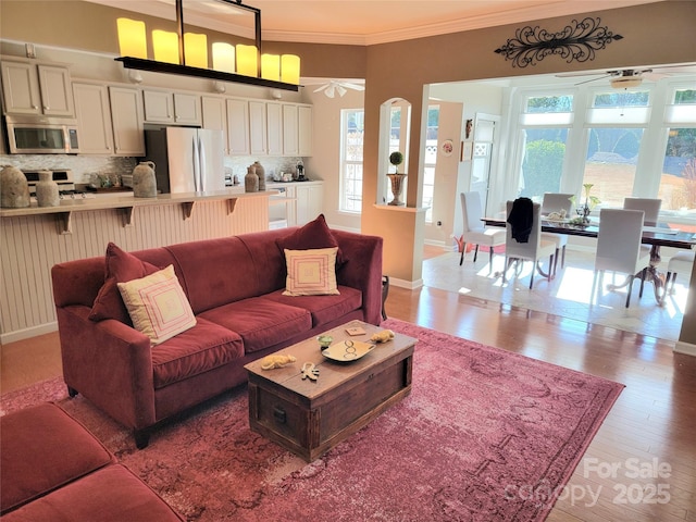 living room with ceiling fan, crown molding, and light wood-type flooring