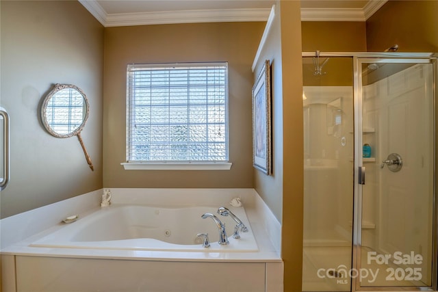 bathroom with ornamental molding and separate shower and tub