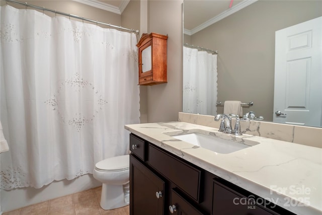 full bathroom with toilet, vanity, tile patterned flooring, shower / bath combination with curtain, and ornamental molding