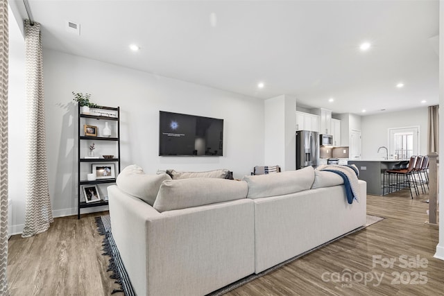 living room featuring sink and light wood-type flooring