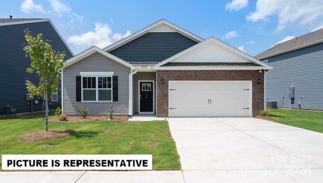 craftsman inspired home with a garage, a front yard, and central AC