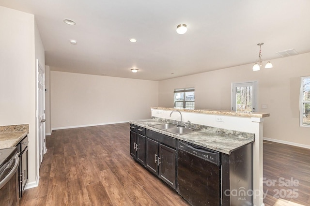 kitchen with dark wood-style flooring, baseboards, black dishwasher, electric stove, and a sink