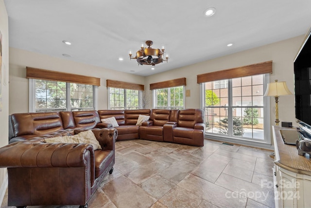 living room featuring a chandelier