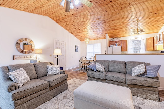 living room featuring ceiling fan with notable chandelier, light hardwood / wood-style flooring, lofted ceiling, and wood ceiling