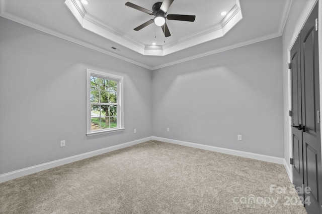 unfurnished room featuring a tray ceiling, ceiling fan, carpet, and ornamental molding